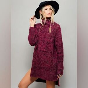 Free People Burgundy Long Turtleneck Tunic Sweater Cable Knit Chunky Boho XS